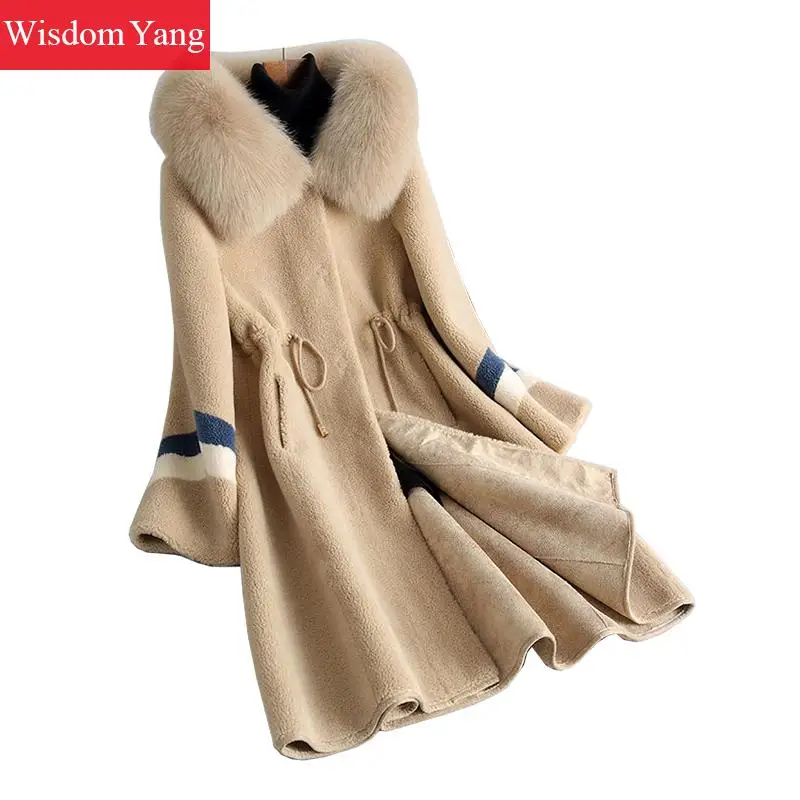 

Elegant Beige Coffe Blue Sheep Shearing Wool Coats Women Fur Fox Collar Hooded Winter Drawsting Woolen Overcoat Coat Outerwear