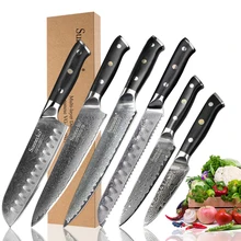 SUNNECKO Damascus Chef Slicing Santoku Utility Paring Bread Knife Japanese VG10 Steel Cutter G10 Handle 6PCS Kitchen Knives Set