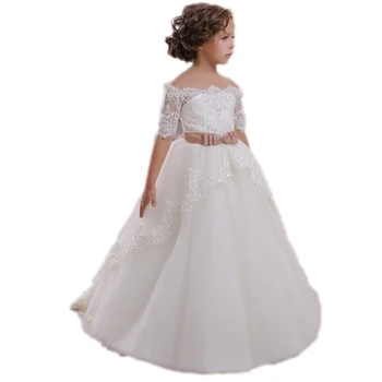 

Children First Communion Dress Hollow Back Lace Up Appliques Bow Half Sleeves Shoulderless Girls Christmas Tulle Ball Gown E101