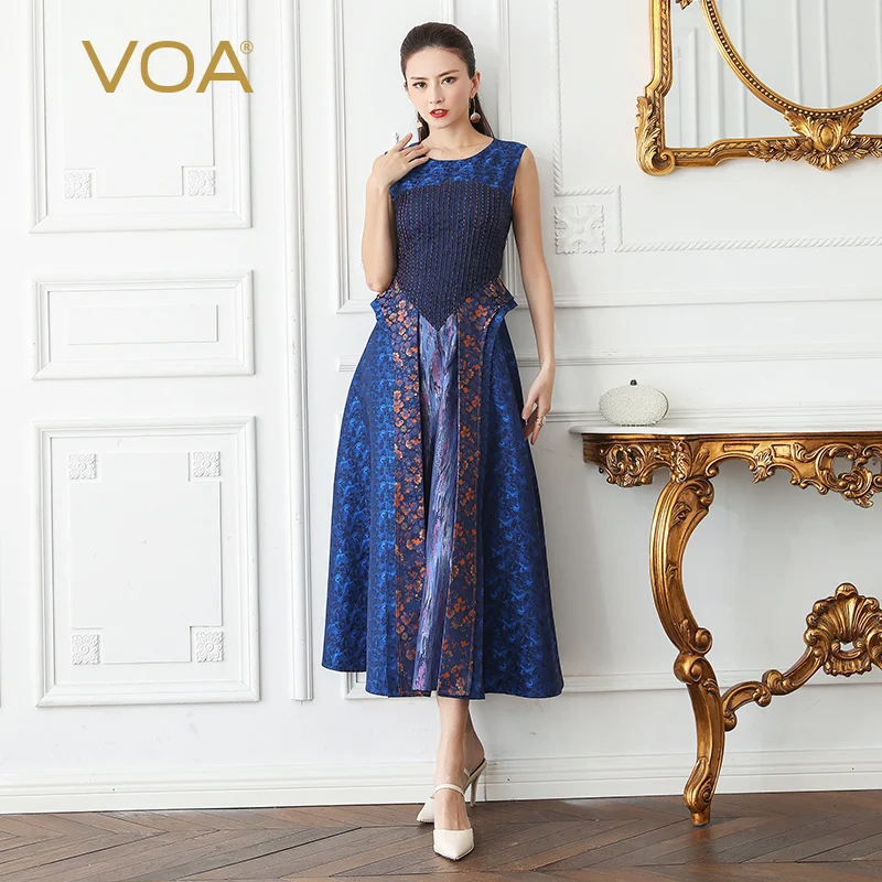 VOA Jacquard Silk Swing Dresses Women Long Dress Vintage Elegant Plus