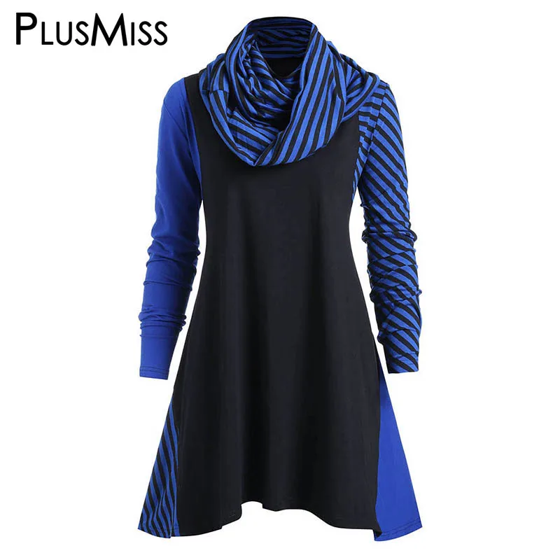 

PlusMiss Plus Size 5XL Striped Asymmetrical Sweatshirts Dress with Scarf Large Size Long Sleeve Vintage Dresses XXXXL XXXL XXL