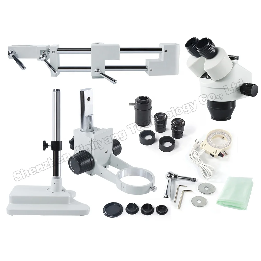  3.5X 7X 45X 90X Double Boom Adjustable Stand Zoom Simul Focal Trinocular Stereo Microscope For Indu