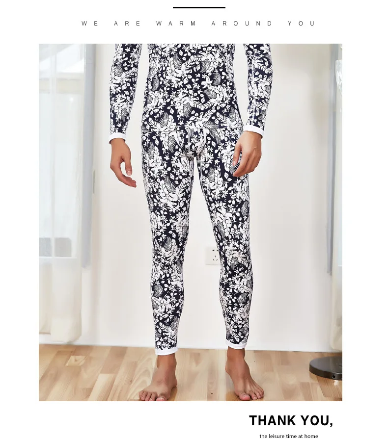 Комплект хлопковое мужское пикантное термобелье с модным цветочным принтом, теплые мужские подштанники, пижамы Мужская пижама мужские Леггинсы