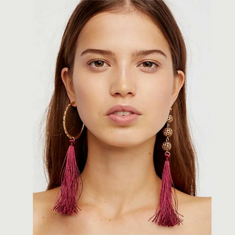 

Bohemian Long Tassel Asymmetry Earrings for Women Drop Dangle Earrings Big Round Tassel Fringe Earring Statement Party Jewelry