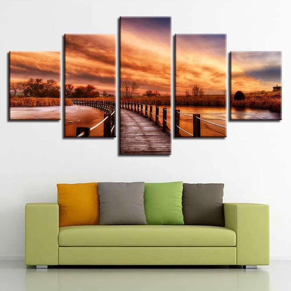

5 Pieces Waterfall Green Mountain And Tree Natural Landscape Canvas Pictures Poster Modular Painting Decor Prints Wall Art