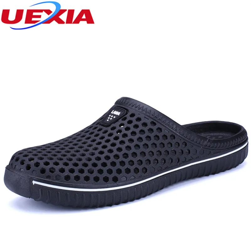 baratas UEXIA Homens Verão Sapatos Flats Moda Oco Respirável Chinelos de Praia Flip Flops EVA Massagem Chinelos Unissex Sandalias Sandales