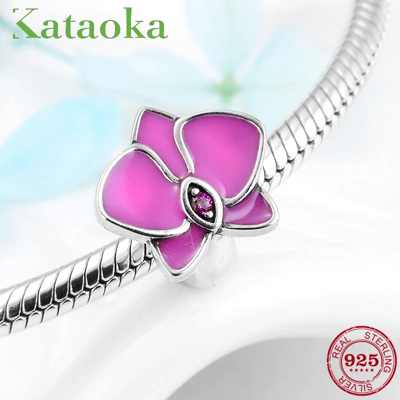 

2019 High quality 925 Sterling Silver pink Enamel Phalaenopsis Stopper Beads Fit Original Pandora Charm Bracelets DIY Jewelry