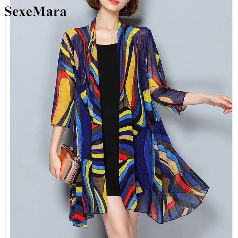 SexeMara 2019 New Summer Women Blusas Casual Loose Long Chiffon Kimono Cardigan Feminino Long Sleeve Plus Size Beach Cardigans