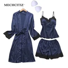MECHCITIZ, женский сексуальный шелковый халат-Пижама, комплект из 3 предметов, кружевная одежда для сна, комплект летней одежды для сна с v-образным вырезом, пижамный комплект для женщин
