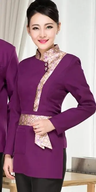 Purple Women Осень-зима униформа официанта с длинными рукавами Отель Ресторан быстрого Спецодежда для общепита Комбинезоны для девочек Ресторан официантка рабочих Костюмы - Цвет: Purple Women