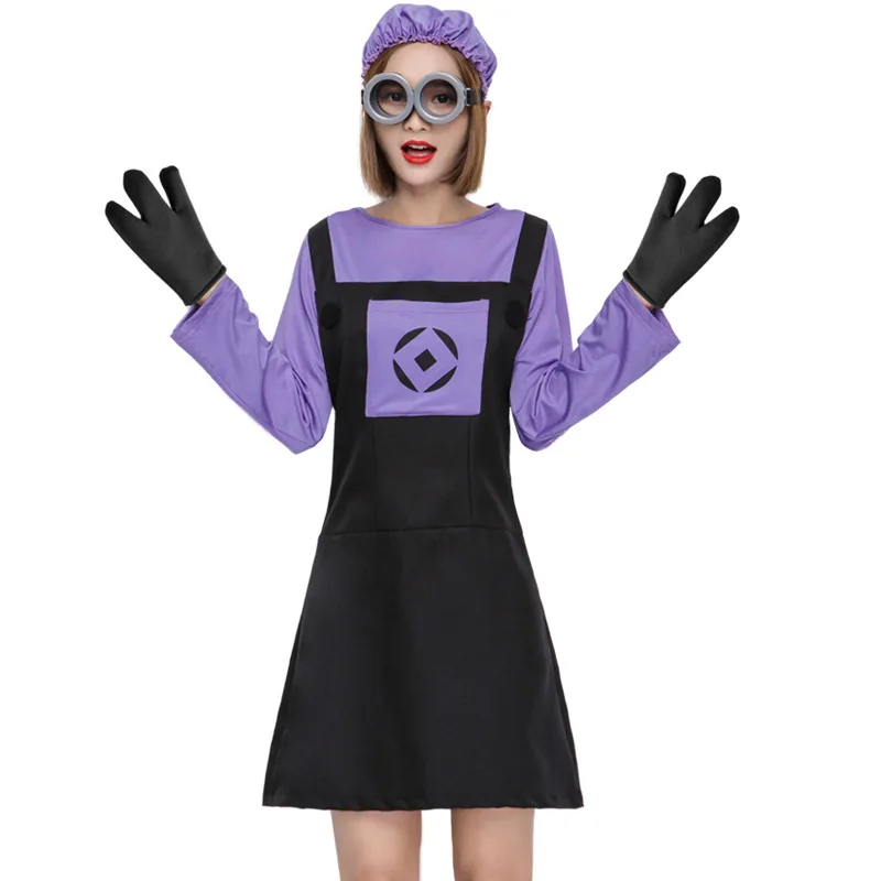 Фиолетовый Kawaii Гадкий я платье костюм Для женщин зла фаворитами аниме Косплэй 4 компл. красивые платья + шляпа + очки + перчатки