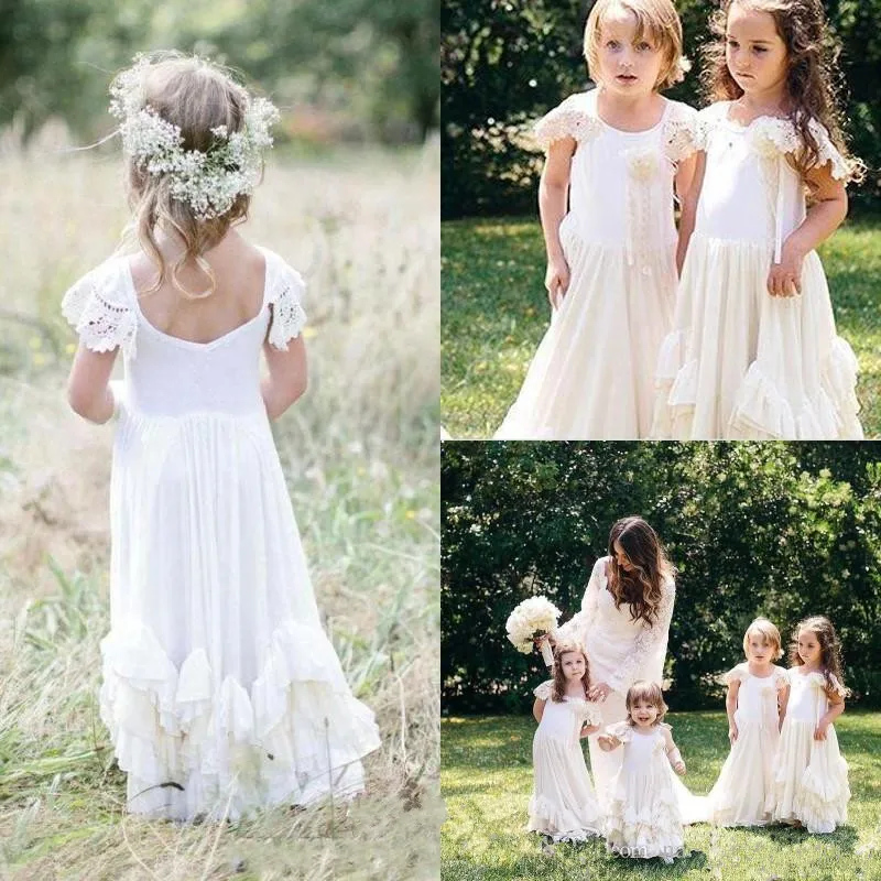 2019 Boho Nieuwe Bloem Meisjes Jurken Wit Kant Applique Jewel Hals Ruches Kleine Prinses Communie Jurk Birthday Party Gown 2019 Boho Nieuwe Bloem Meisjes Jurken Wit Kant Applique Jewel Hals Ruches Kleine Prinses Communie Jurk Birthday Party Gown