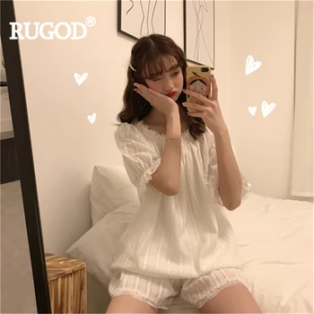 

RUGOD Women Pajamas Solid Lace Ruffles O-neck Top+Pants Cute girl Fashion Female Sleepwear
