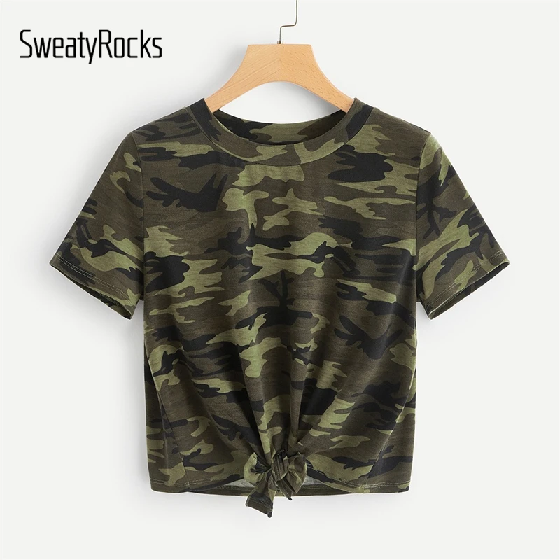 

SweatyRocks Knot Front Camouflage Tee Style Fashion T-shirt 2019 Summer Casual Short Sleeve Streetwear Women Tees And Tops
