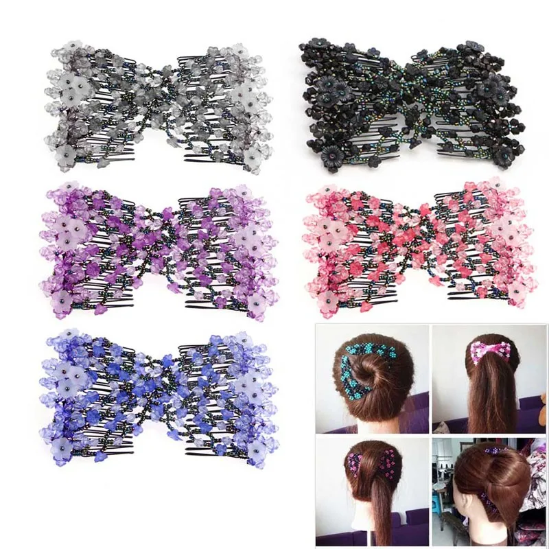 Women Trendy Multi function Magic Beads Elasticity Double Hair Comb