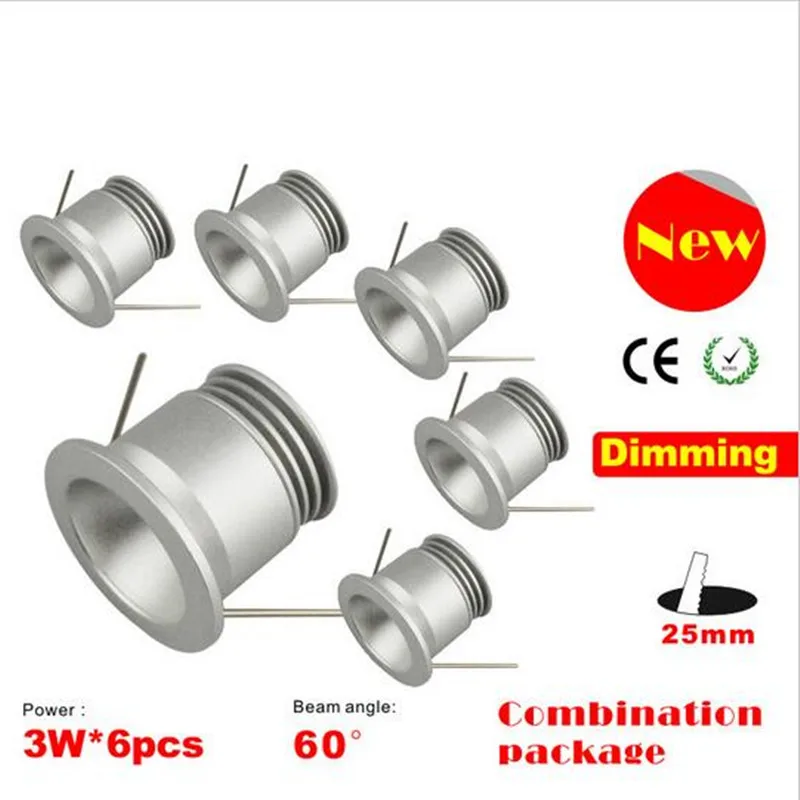 

6pcs/set New Product 3W Dimmable Cabinet Down Light LED MINI Downlight MINI LED Spot With CE Driver 90 degree 25mm Cutout