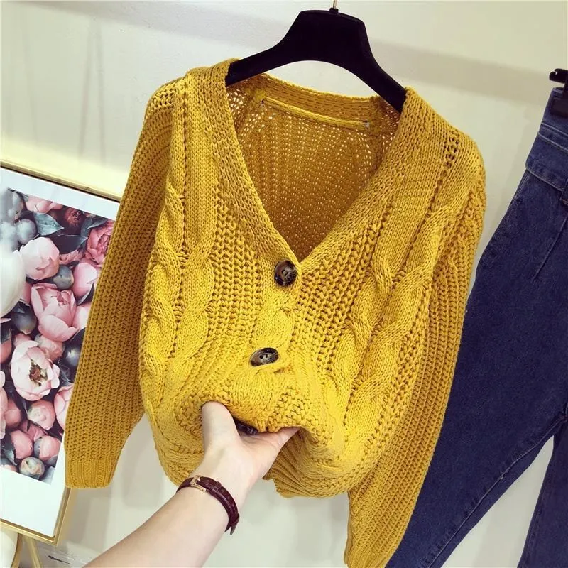 

High Quality Autumn Winter Crocheted Knit Overcoats Female Single Breasted Loose Sweater Women V-Neck Solid Knitwear