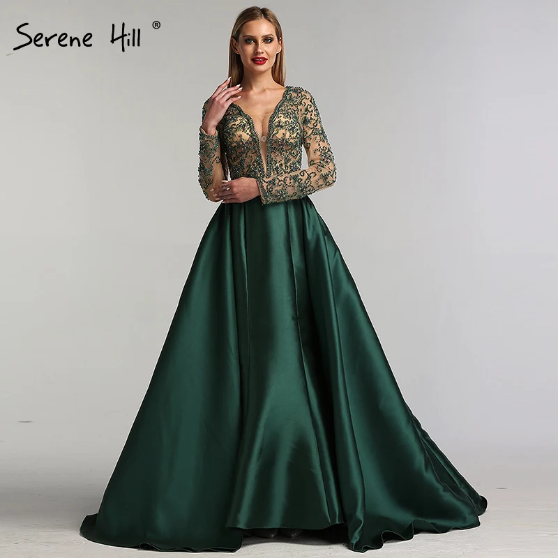 Зеленое Атласное длинное платье с v-образным вырезом, вечернее платье с длинными рукавами, Жемчужное Бисероплетение вечерних платьев Serene Хилл LA6312