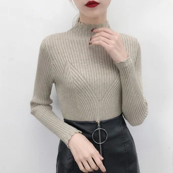 

Autumn Winter Women Clothing New Korean Semi-high Collar Lace Edge Turtleneck Long Sleeve Thick Sweater Bottoming Sweatershirt