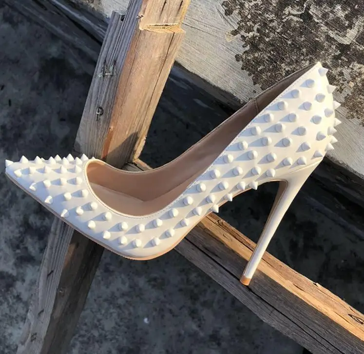 

Sexy White Rivets High Heels Pumps 12cm Pointed Toe Customized Stiletto Heels Pumps Women Shoes Studded Heels Wedding Dress Shoe