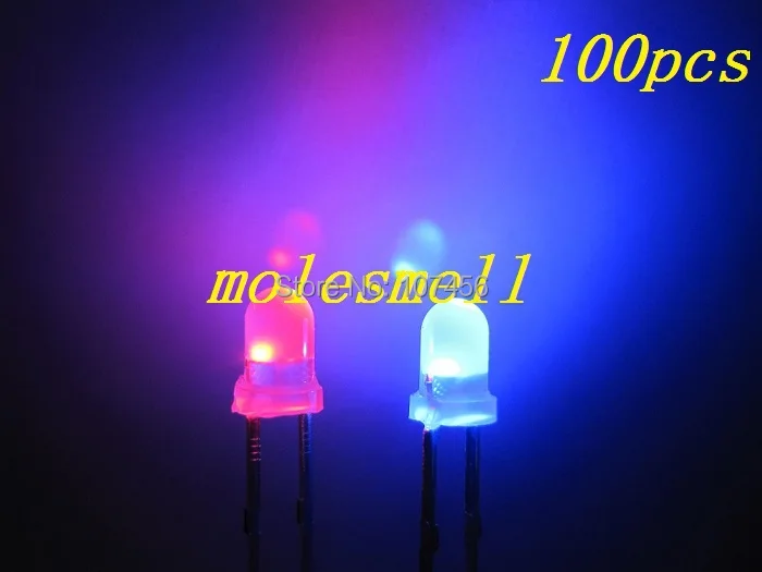 Frete Grátis Duplo bi Cor Polar Mudando Difuso Vermelho – Azul Led Leds 2 Pinos Grande Angular 100 Pçs 3mm