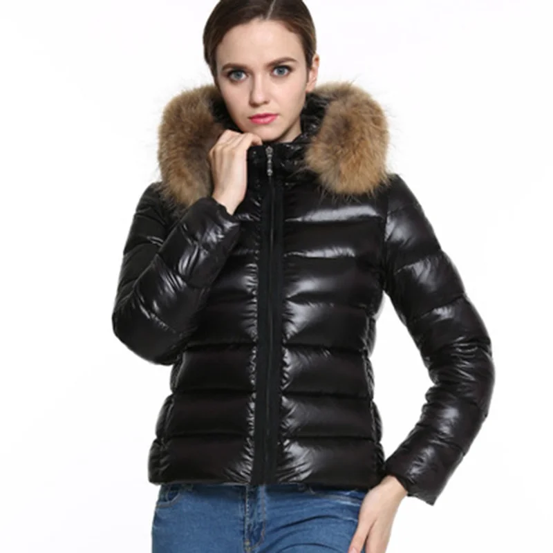 Winter Jacket Women Fashion Metal Black Bright Hooded Warm Jacket Short