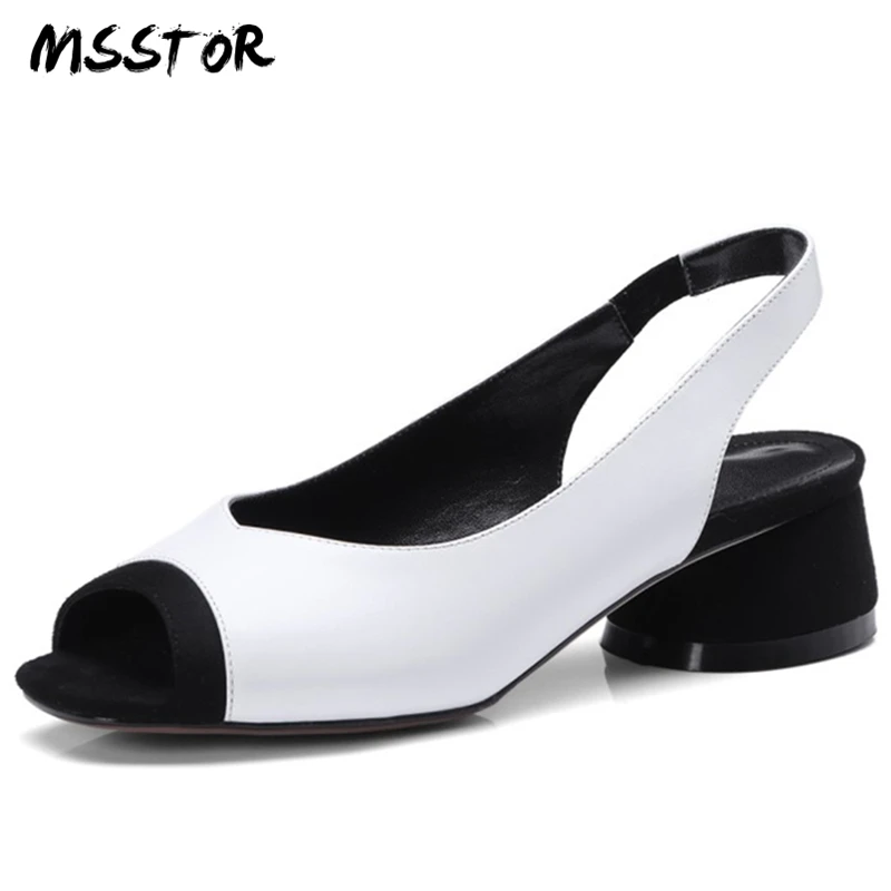 

MSSTOR Mixed Colors High Heels Sandals Women White Genuine Leather Fashion Round Heels Summer Shoes Peep Toe Jelly Shoes Woman