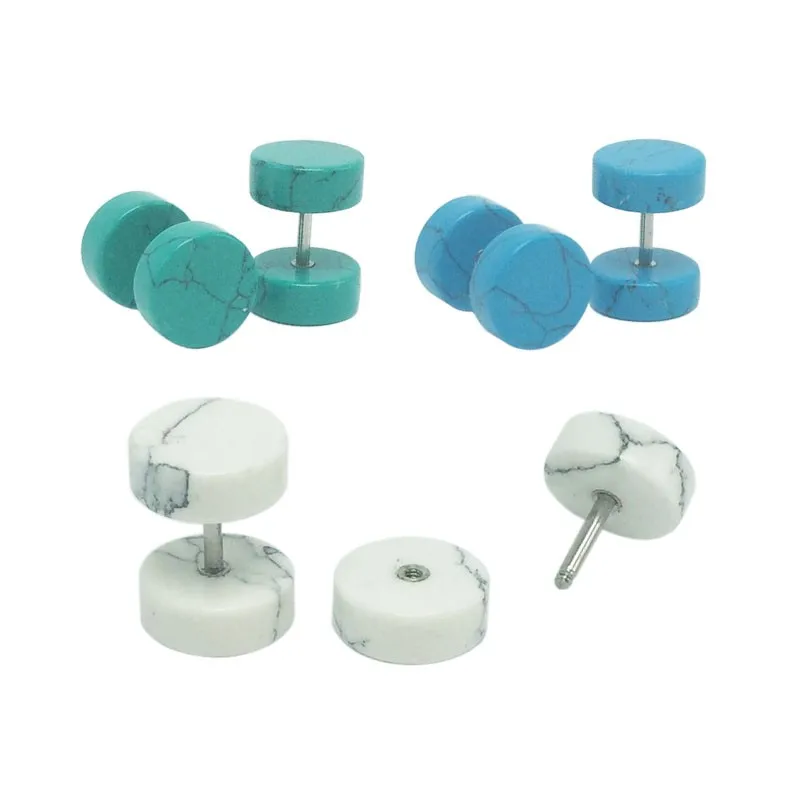 2pieces fashion men's fake ear tunnels ear plugs stud earrings natural stone turquoise blue white stainless steel flesh piercingstuds