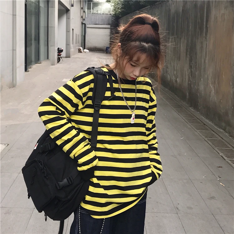 

Streetwear Plus Size Loose Women/Men Block Stripe Harajuku Long Sleeve Tee Top T Shirt Yellow Oversized T-Shirt Casual Pullover