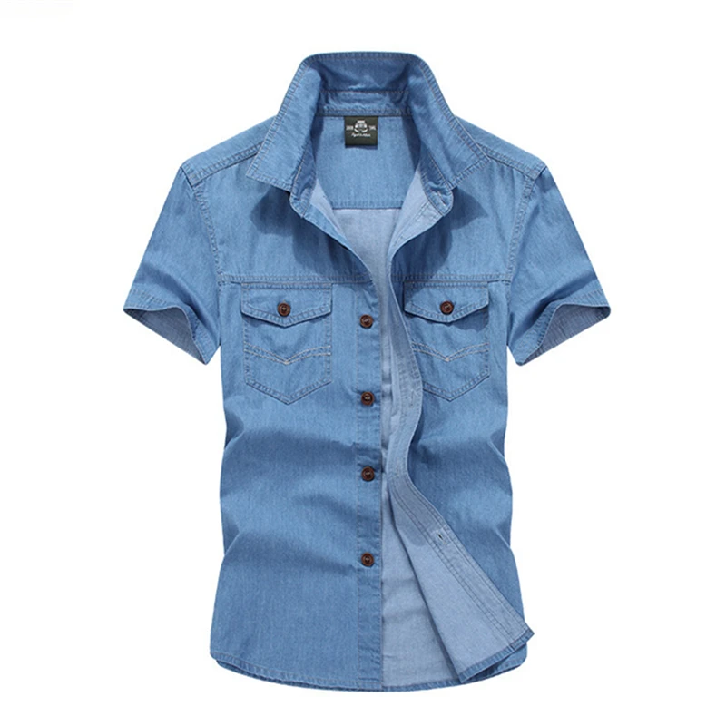 

2019 Cotton Men Short Sleeve Shirts Classic Denim Shirt Soft Slim Jeans Two Front Pocket Casual Male Shirts
