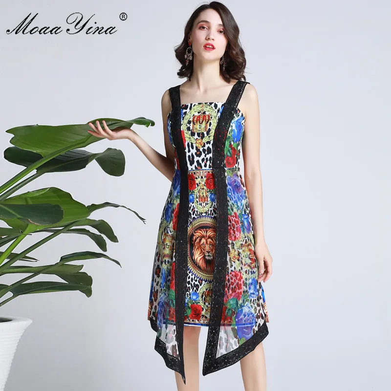 

MoaaYina Fashion Designer Runway dress Summer Women Dress Spaghetti Strap Lace lion Floral-Print Vintage Asymmetrical Dresses