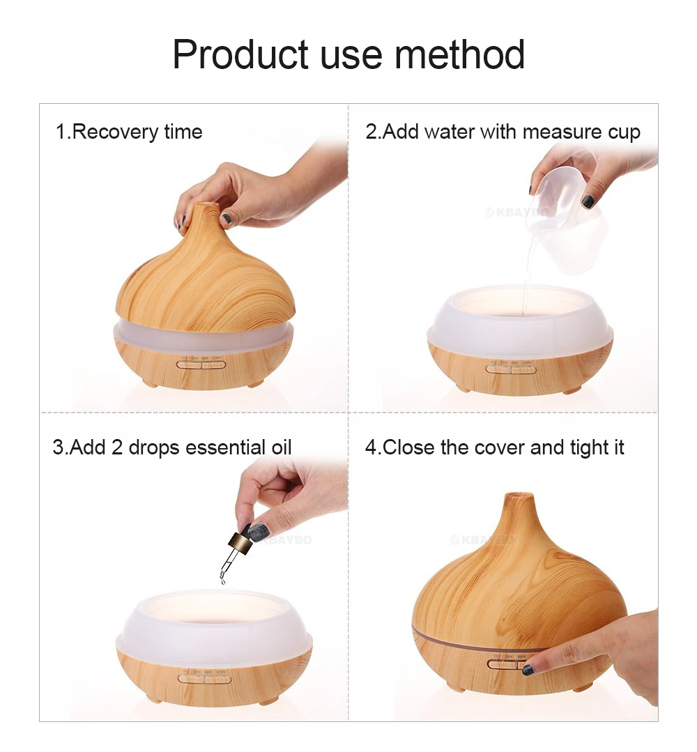 Kbaybo 300ml aroma air humidifier wood grain with led lights essential oil diffuser aromatherapy electric mist maker for home