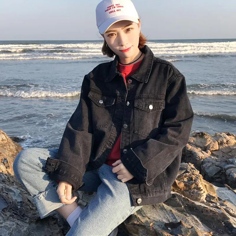 

Spring Summer Autumn Long Sleeve Loose Female Black Basic Coat Denim Jacket Coat Women Jeans Coat Jacket Casual Cowboy Outerwear
