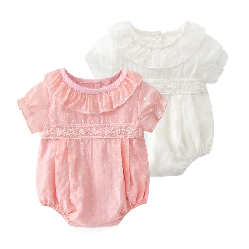 

2019 Summer Infant Kids Baby Girl's New Cute Lace Rompers, Age For 3-18M,2 colors,Pink And White Short Sleeved Crawling Clothing