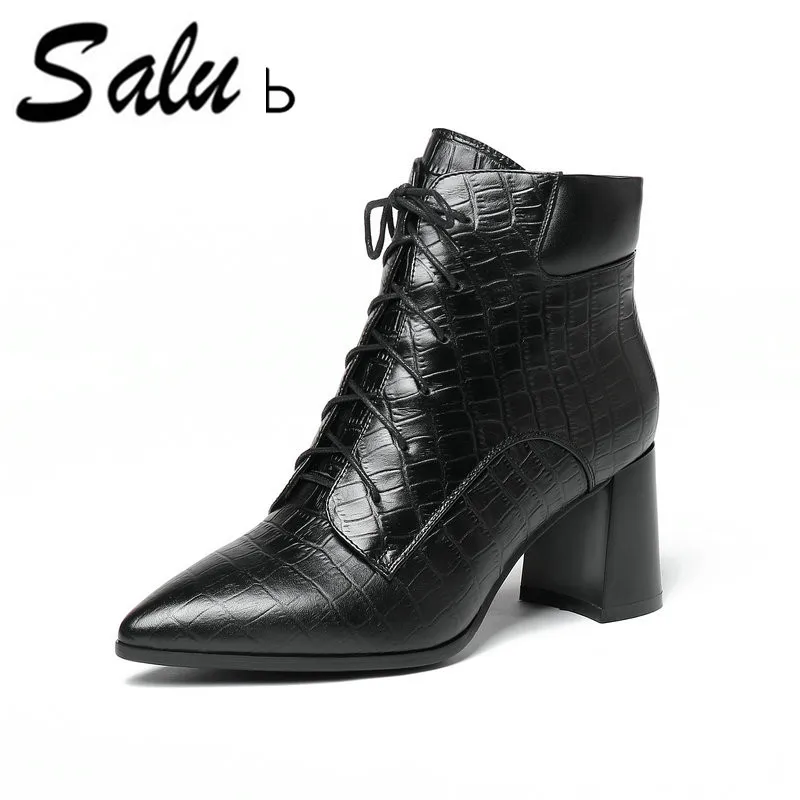 

Salu Brand Autumn Ankle Boots Women Genuine Leather Chelsea Booties Ladies Shoes Pointed Toe Heels Plus Size 10 12