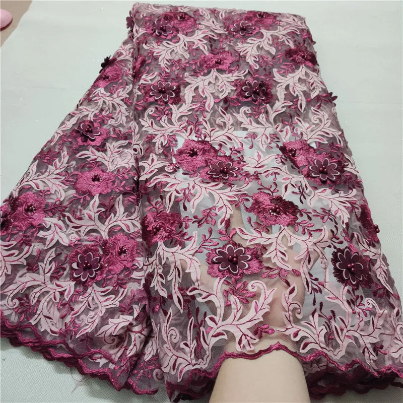 

2019 Latest French 3D Beads Lace Fabric High Quality Mesh Embroidery Applique 3D Flower Tulle Nigerian Lace Fabrics For Bridal