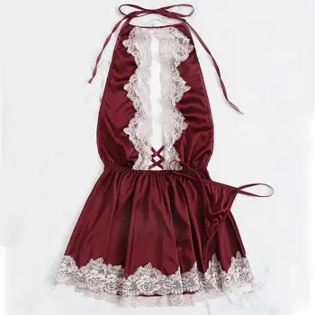 

Lisacmpvnel Halter Bandage Type Crossing Sexy Women Nightdress G-String Twinset Sleepwear Cute Lace Deep V Lingerie