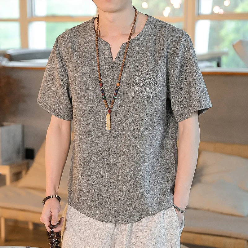

#0321 Casual Vintage Short Sleeve T Shirt Men V Neck Summer Tops 2019 Chinese Style Casual T-shirt Male Loose Plus Size 4XL