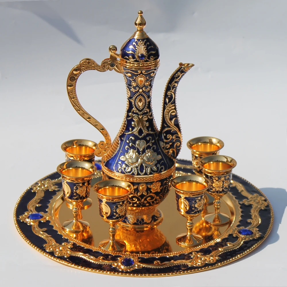 1" Тарелка золото и синий цвет цветок узор металл винный набор/чайный набор Мода цинковый сплав винный набор