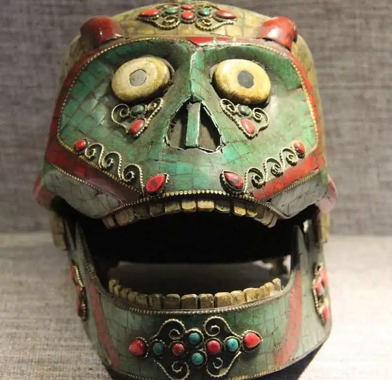 

Tibet Old Copper Inlay Turquoise Shell Coral Ruby Gem Monkey Skull Skeleton Head