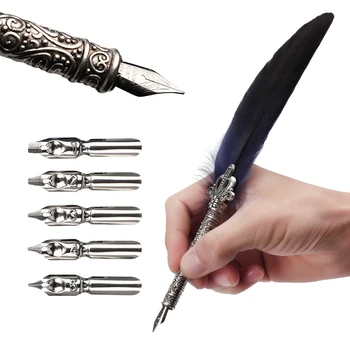 

1Set Feather Dip Fountain Pen Chancery Quill Turkey Oblique Pens +5pcs Nib Carved Metal for Fancy Calligraphy Vintage Pen Gift