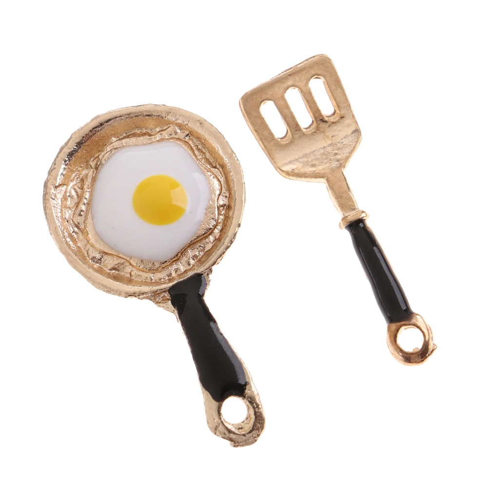 2 Pieces Miniature Frying Egg Pan Fork Set for 1/12 Dolls House Kitchen Cookware Accessories Kids Kitchen Play Toy Black
