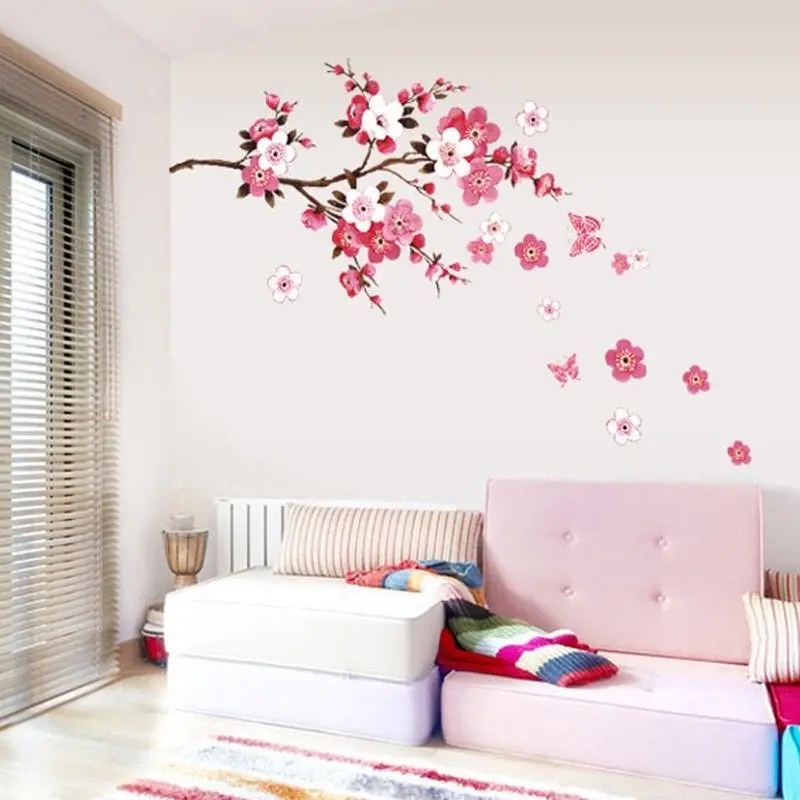 Pink Pretty Peach Blossom Flower Butterfly Tree Wall Stickers Home Decal Decor 