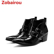 Британский стиль Мужская зимняя обувь ковбойские сапоги из лакированной кожи черные туфли острый носок ботильоны средней высоты сапоги в стиле «милитари»