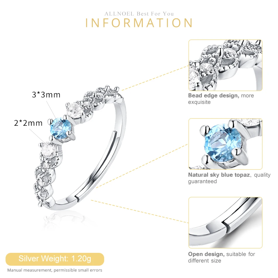 ALLNOEL 925 пробы Серебряное кольцо с драгоценным камнем для женщин натуральный голубой топаз камень платина ювелирные украшения Потрясающие Свадебные кольца стиль