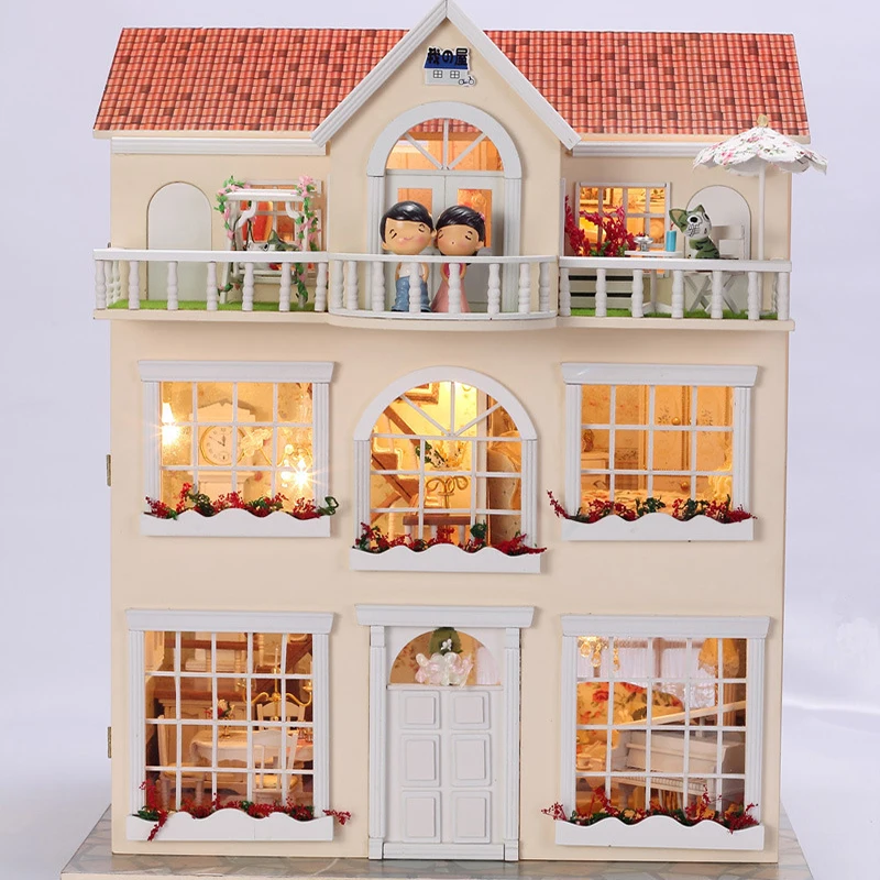 Mini Wooden Doll House with Furnitures Assembling DIY House Dolls Miniature Crafts Toys for Teens and Adults 3812