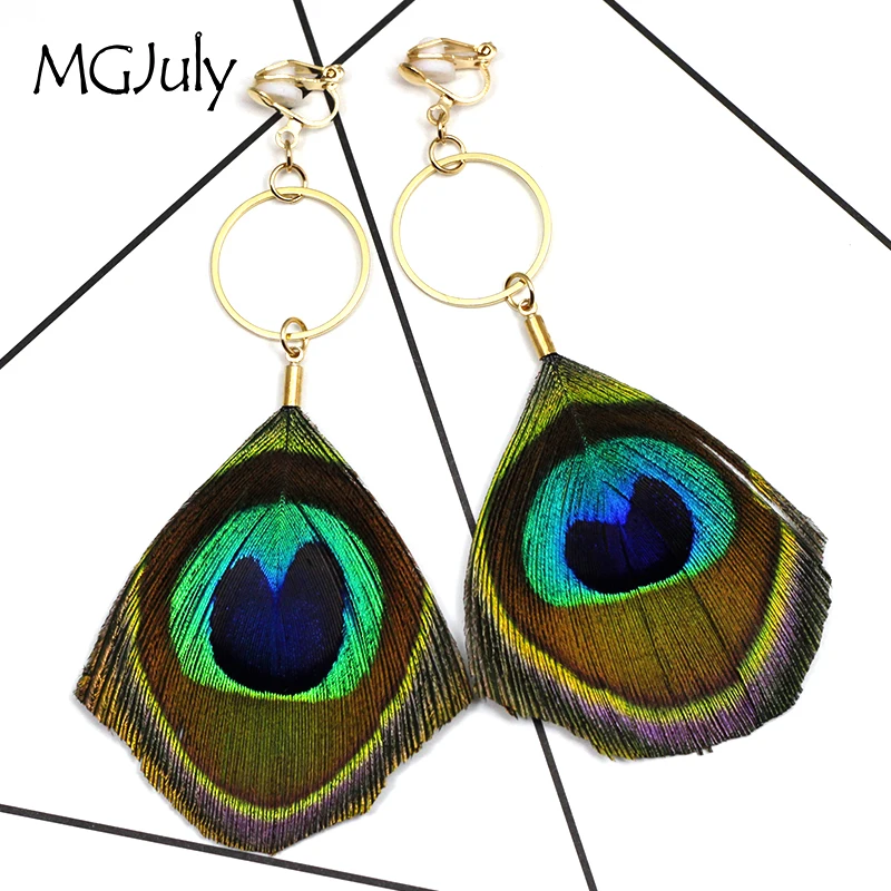 

Natural Feathers Earrings Without Piercing Peacock Feather Clip Earrings No Hole Ear Clips Minimalist Women Long Earring CE309