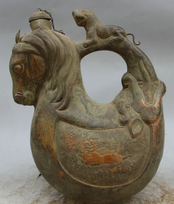 

Collectible bronze S1332 10" Old Chinese Handwork Bronze Beast Ride Horse Statue Dragon Teapot Wine Pot B0403