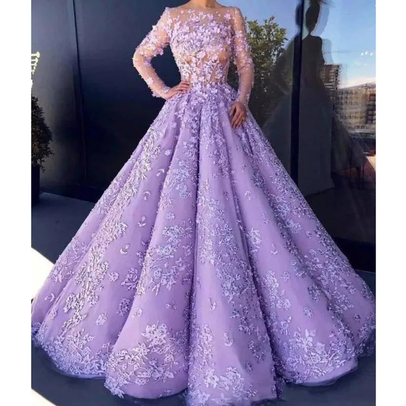 Lavender See Through Sexy Prom Gowns Lace Appliques Illusion Long Sleeves Evening Gowns Exquisite Beads Formal Party Wear259