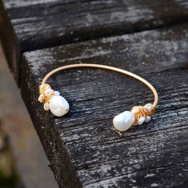 

White Natural Pearl Jewelry Gold Circle Cuff Bangle Bracelet For Women Gift